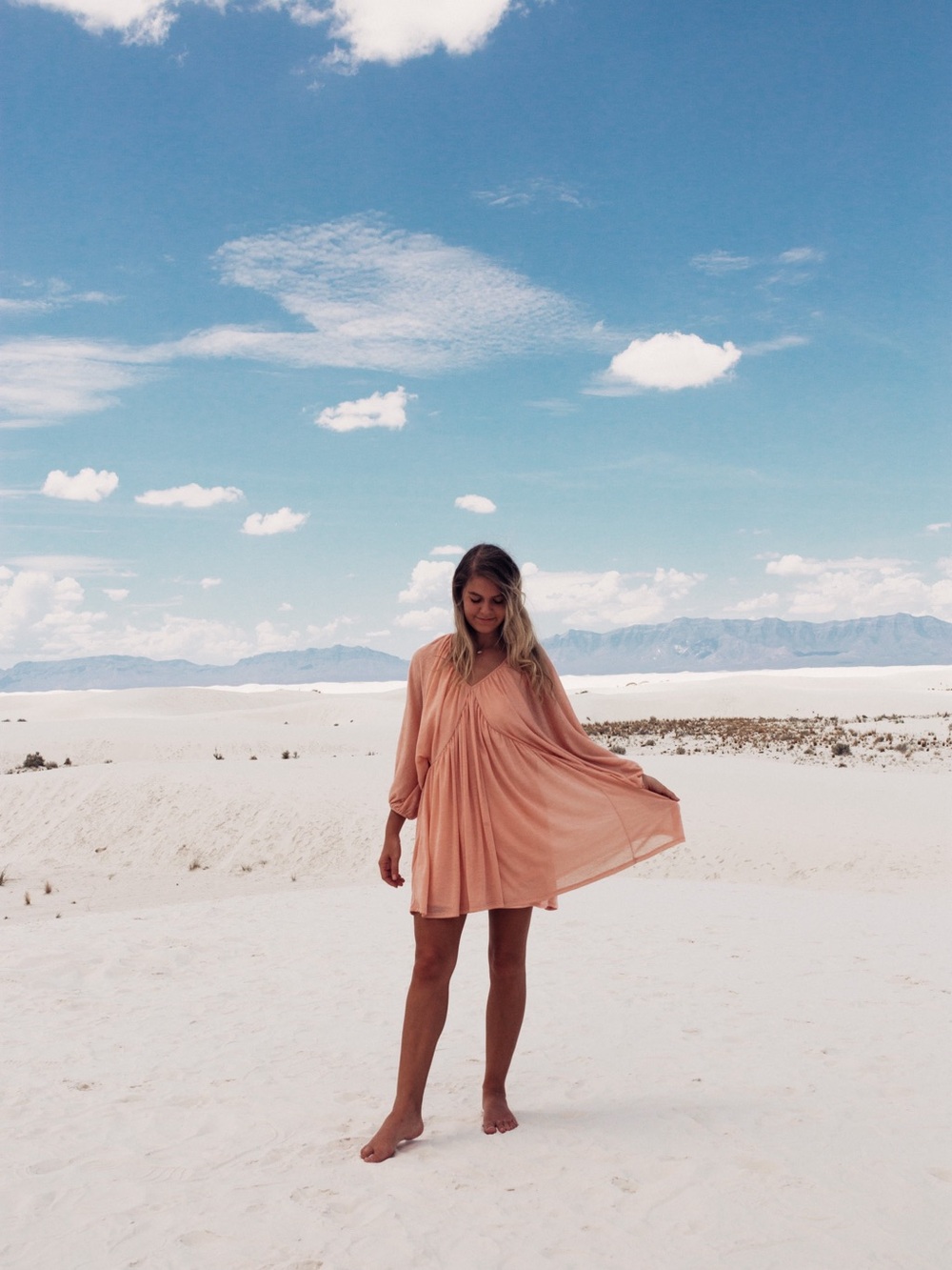 Long Sleeve V-Neck Flowing Dress in Dusty Peach